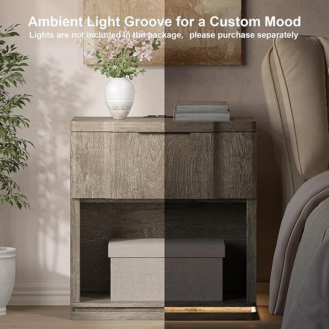 Night Stand with Charging Station, Wooden Mid Century Modern Nightstand with Drawer, Bed Side Table with Storage, Large Rustic Farmhouse End Tables for Bedroom Living Room Office