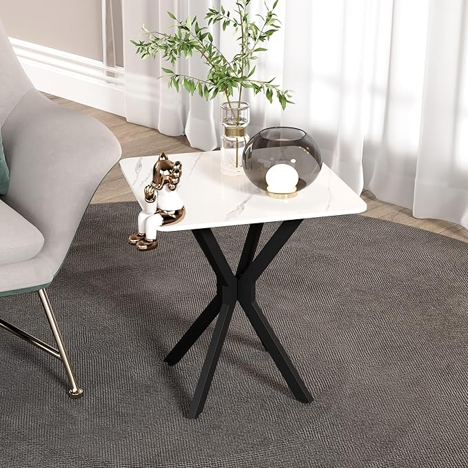 Square Side Table Set of 1, Modern Stylish End Table with Faux Marble Top and Black Metal Legs,Durable Sofa Side Table for Living Room Bedroom