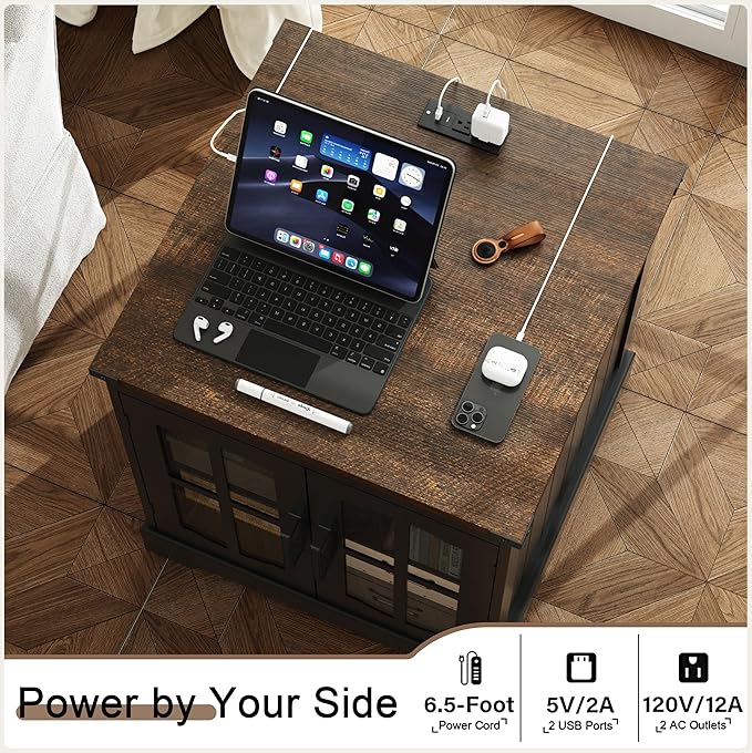 ChooChoo Farmhouse End Table Set of 2, 24" Large Sofa Side Table with Charging Station & LED Light, Black Nightstand with Adjustable Storage Shelf, Square Bedside Table for Living Room