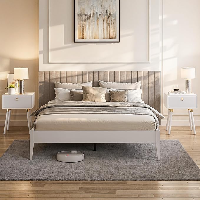 Bme Dinkee Signature Ivory White Queen Bed Frame Without Headboard - Modern & Minimalist Style with Acacia Wood - 12 Strong Wood Slat Support - Easy Assembly - No Box Spring Needed