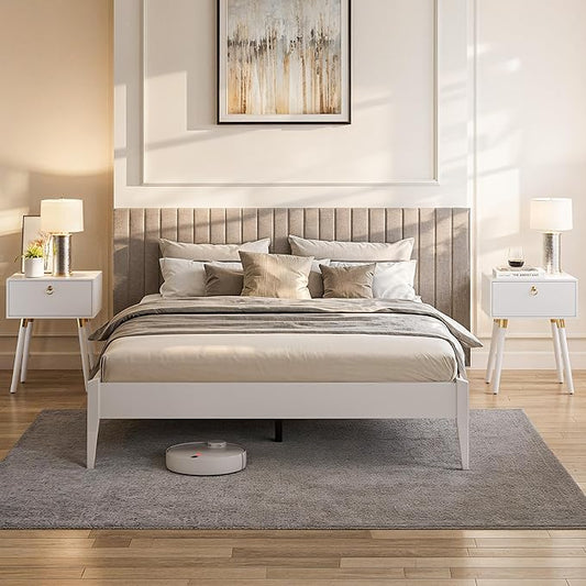 Bme Dinkee Signature Ivory White Queen Bed Frame Without Headboard - Modern & Minimalist Style with Acacia Wood - 12 Strong Wood Slat Support - Easy Assembly - No Box Spring Needed