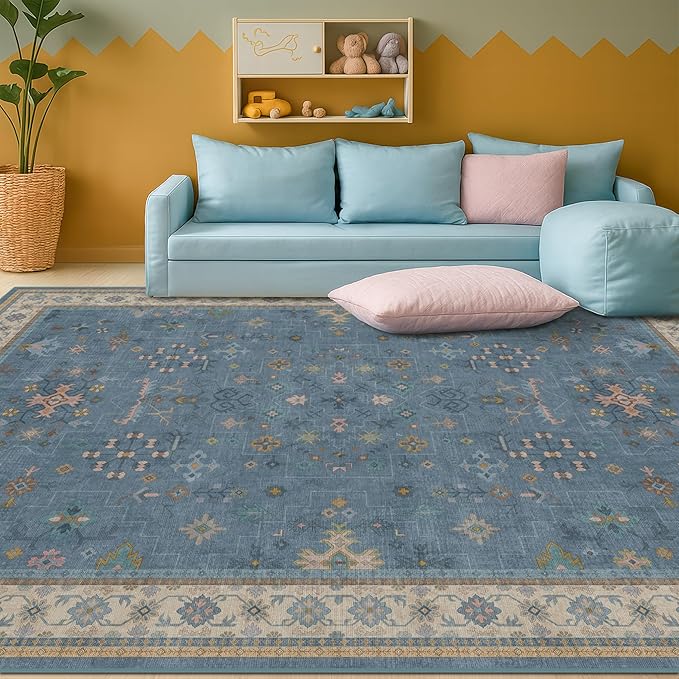 Boho 7x9 Living Room Rugs - Modern Dark Blue Dining Room Rug for Under Table, Lightweight Washable Foldable Low Pile Carpet, Eclectic Floral Bedroom Décor Aesthetic