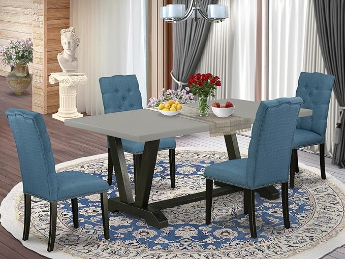 East West Furniture V697EL121-5 5 Piece Dinette Set Includes a Rectangle Dining Room Table with V-Legs and 4 Blue Linen Fabric Upholstered Parson Chairs, 40x72 Inch, Multi-Color