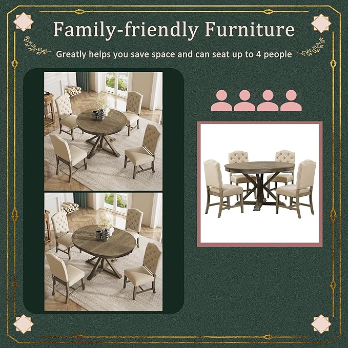 SogesPower 5-Piece Round Farmhouse Retro Dining Table Set for 4, Space-Saving Kitchen Table Set with Extendable Table and 4 Upholstered Chairs for Dining Room Living Room,Natural Wood