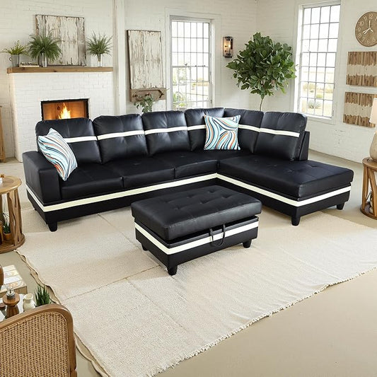 NicBex Sectional Couch 3 Pieces Sofa Set with Left Chaise PU Synthetic Leather L Shaped Cloud Couch for Living Room Furniture Sets with Storage Ottoman, Modular Sofa for Apartment, Black+White