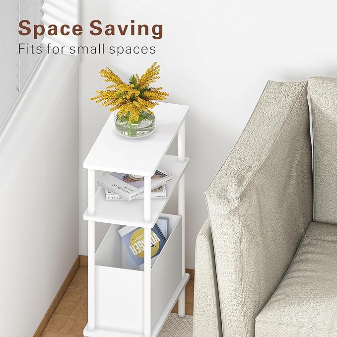 Narrow Side Table with Fabric Basket, Set of 2 End Table for Small Spaces, Slim Nightstand with 3-Tier Storage Shelf, Sofa Beside Table, for Living Room, Bed Room, Natrual White