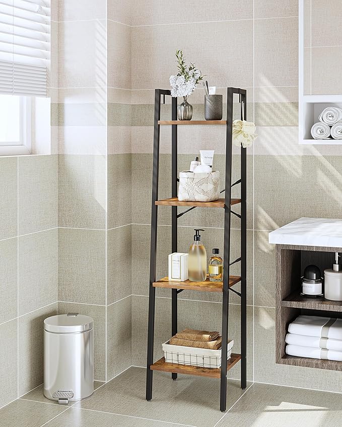 Ladder Shelf, Bookshelf Bookcase, Freestanding Corner Storage Shelve with 2 Hooks for Home Office, Living Room, Kitchen, Bedroom, Industrial, 4-Tier Rustic Brown BC13201B