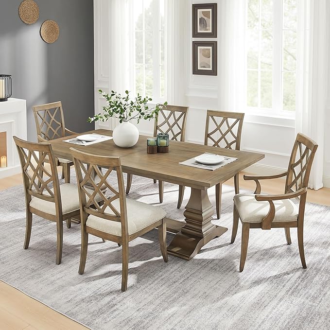 KEIKI Retro 7-Piece Wooden Dining Table Set for 6 Person, Vintage Table Set with Extendable Rectangular MDF Wood Grain Table and 6 Upholstered Chair, Easy Assembly, for Kitchen, Dining Room, White Oak