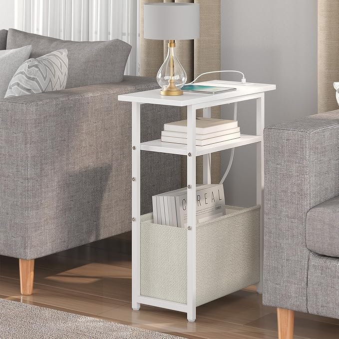 Narrow Side Table with Charging Station Set of 2, Small End Table for Small Spaces, Skinny Nightstands Set 2 with Storage Basket, 3 Tier Sofa Bedside Tables for Living Room,Bedroom, White