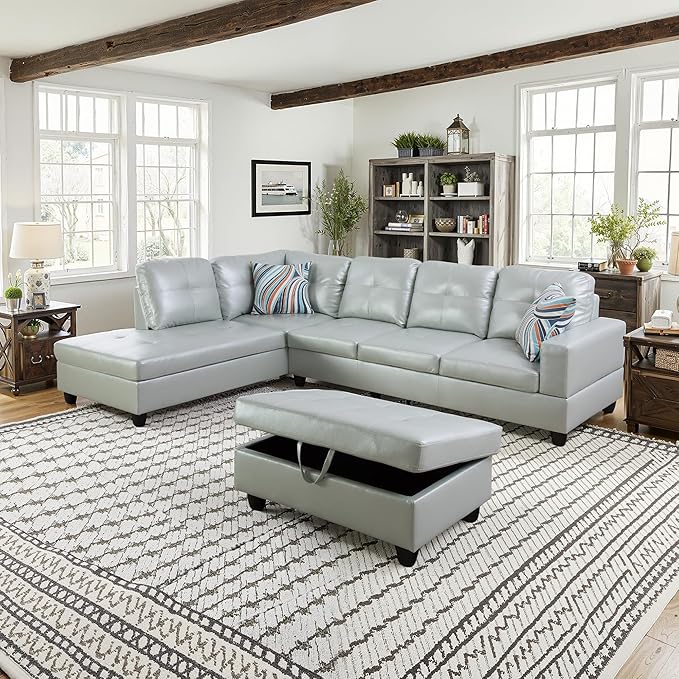 NicBex Sectional Couch 3 Pieces Sofa Set with Right Chaise PU Synthetic Leather L Shaped Cloud Couch for Living Room Furniture Sets with Storage Ottoman, Modular Sofa for Apartment, Silver Green