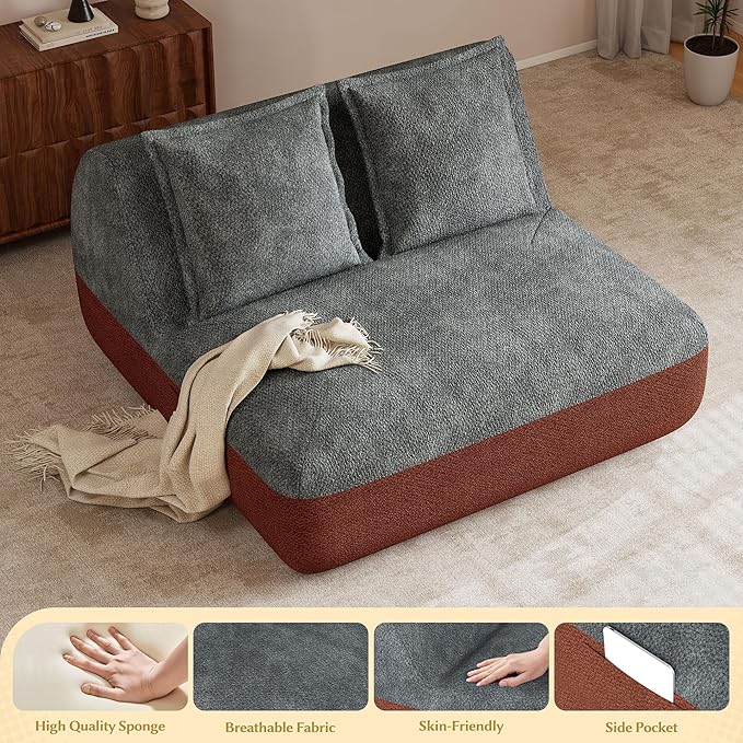 Hobestluk Small Sofa Couch Lounge Sofa Chair for Living Room, Comfy Memory Foam Couch, Mini Sofa with Side Pocket for Living Room, Bedroom (Terracotta+Grey)