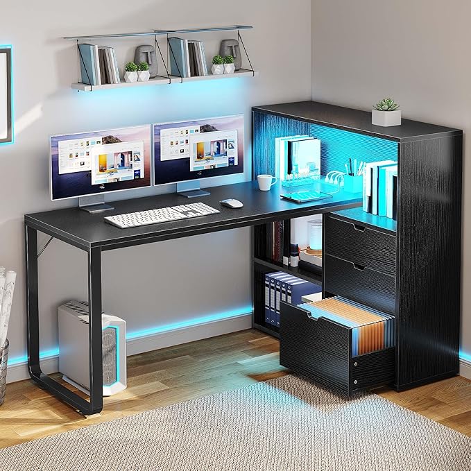 DWVO L Shaped Desk with Drawers, 55" Corner Computer Desk with Bookshelf & Power Outlets & LED Lights, Home Office Desk with Storage Shelves, Black