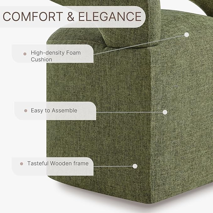 Upholstered Dining Chairs with Removable Casters Barrel Side Armchair with Rollers for Diningroom Bedroom Livingroom Reading Room, Green, 4PCS