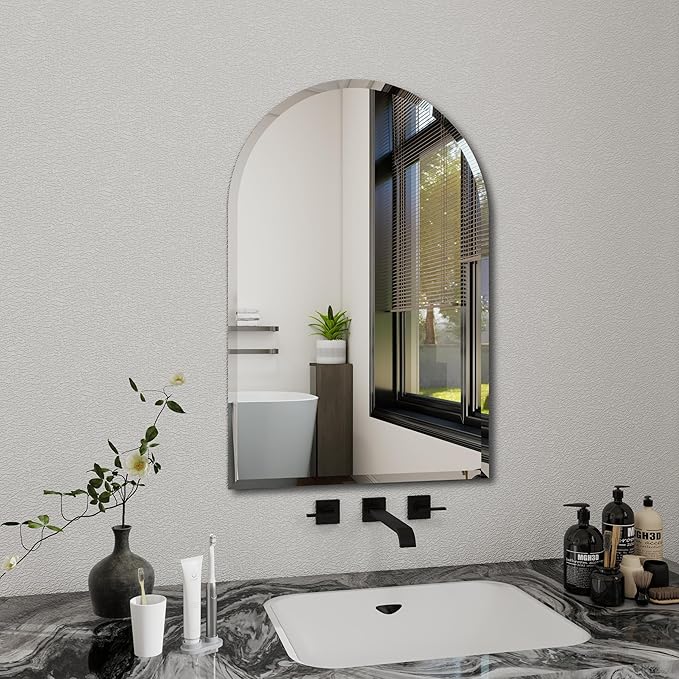 Arched Bathroom Mirror, 31X32 inch Arched Frameless Mirror, Arch Wall Mirror，Frameless Mirrors for Bathroom,Beveled Bathroom Mirror.