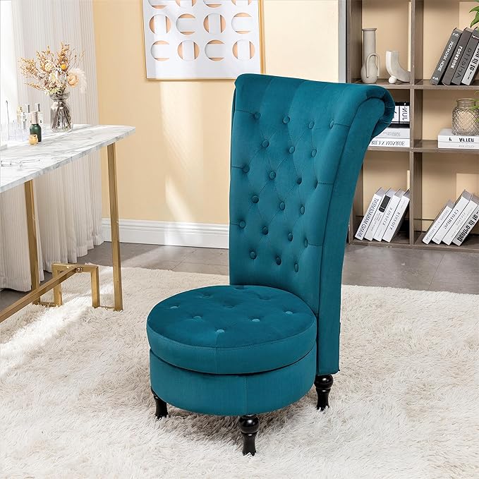 Container Furniture Royal High-Back Velvet Accent Chair for Vanity with Storage and Luxurious Upholstery, Retro Design and Versatile Usage for Livingroom, Bedroom, Lounge and Office, Greenish Blue