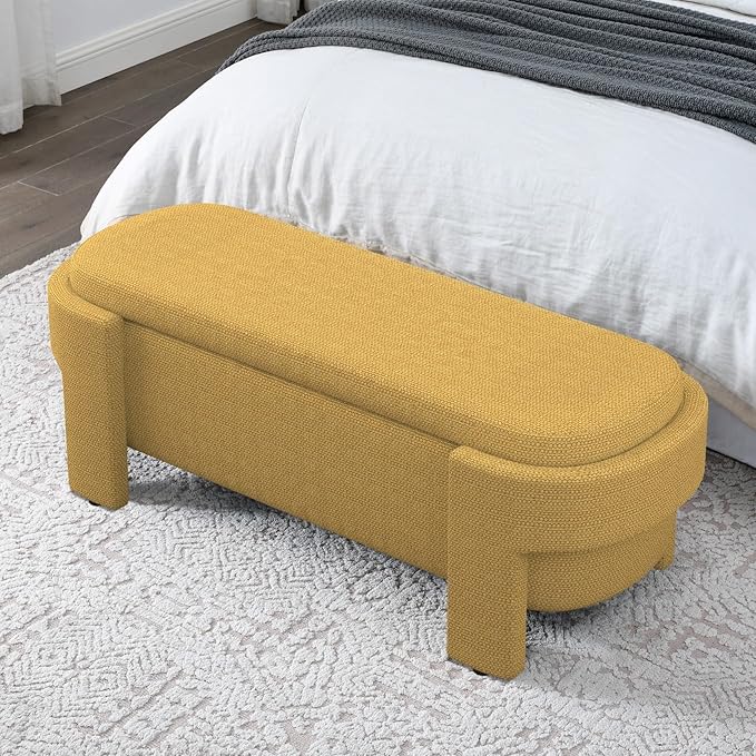KEIKI 51" Linen Ottoman Bench with Large Storage Space, Upholstered Seating Foot Rest Stool Furniture for Bedroom, Living Room, Entryway, Yellow