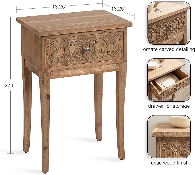 Kate and Laurel Cassetta Soft Rustic Rectangle Side Table; 19 x 14 x 28; Hazelnut; Wooden Living Room End Table with Useful Pull Drawer for Storage