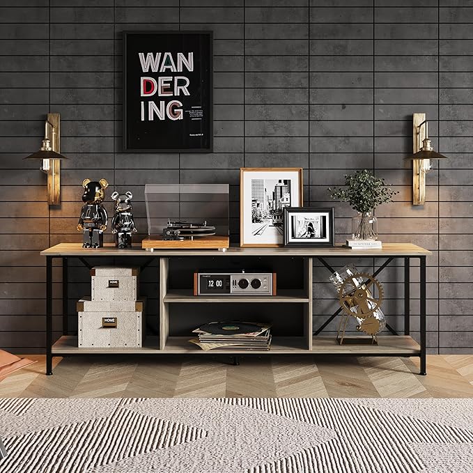 WLIVE TV Stand for 70 Inch TV, Entertainment Center with Storage, Industrial TV Console for Living Room and Bedroom, Greige
