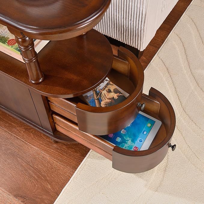 2 Set of Wood End Table with 2 Drawers and Storage Shelf, Narrow Sofa Side Table for Living Room, Vintage Slim Nightstand Bedside Table for Bedroom, Slim Chair Side Table Cherry Walnut A508CY