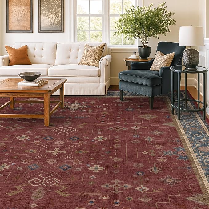 Oriental 8x10 Large Area Rugs for Living Room - Burgundy Rug for Bedroom Under Bed, Dining Room Under Kitchen Table, Washable Soft Non Slip Unique Indoor Décor