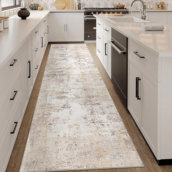 2x10 Washable Runner Rug Beige Grey Neutral Abstract Hallway Kitchen Living Room Bedroom Non Slip Throw Rug Soft Low Pile Indoor Carpet for Entrance Laundry Bathroom
