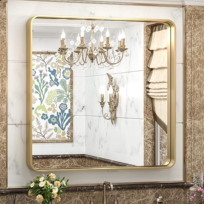 TokeShimi 36x36 Inch Gold Bathroom Vanity Mirror for Wall Rectangle Mirror with Non-Rusting Aluminum Alloy Brushed Matte Metal Frame for Modern Farmhouse Home Decor (Horizontal/Vertical)
