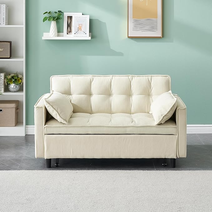 Ball & Cast Convertible Sofa Bed,Pull Out Loveseat Sleeper Sofa,Convertible Pull Out Couch W/ 2 Pillows,Adjustable Backrest & Side Pocket,Corduroy Futon Couches for Living Room,Apartment,Beige,54"