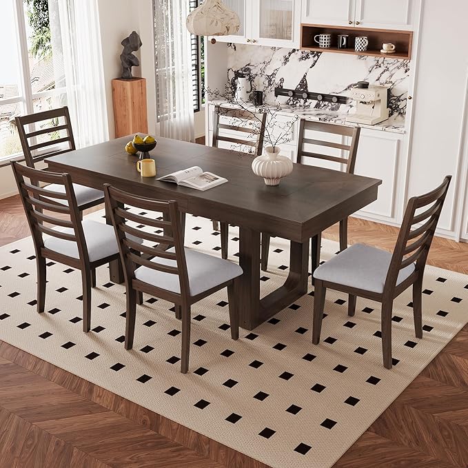 Merax 7 Piece Extendable Wooden Dining Table Set, Farmhouse Extendable with 18" Move Leaf, 78" Rustic and 6 Upholstered Chairs for Kitchen Room, Brown