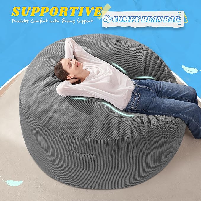 HABUTWAY 3FT Bean Bag Chair,Giant Bean Bag Chairs for Adults,Big Bean Bags with Memory Foam Filled, Large Beanbag Chairs with Soft Corduroy Cover-Grey