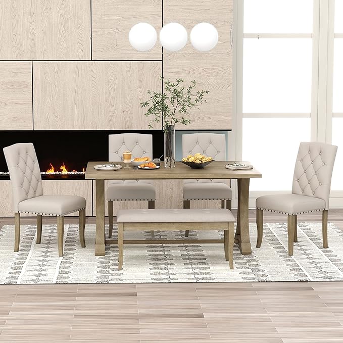 Ball & Cast Dining Table Set for 6, 60" Rectangular Dining Room Table with 4 Upholstered Chairs and 1 Bench, 6-Piece Farmhouse Dining Furniture Set with Solid Wood Legs for Kitchen,Natural Wood Wash