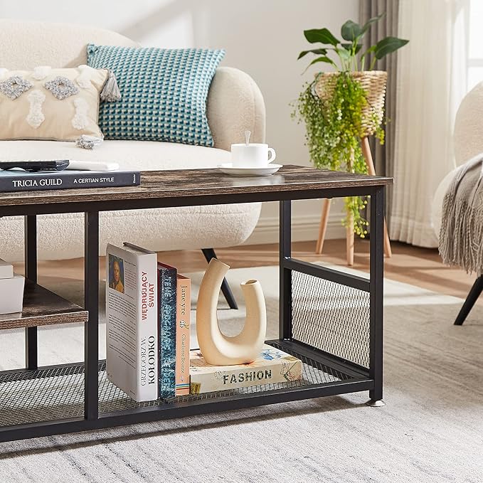VECELO TV Stand for Televisions up to 80 Inch 70" Entertainment Center with Open Storage Shelves for Living Room/Bedroom, 3 Tiers Media Console Table Frame, 70 Inches, Brown+Metal