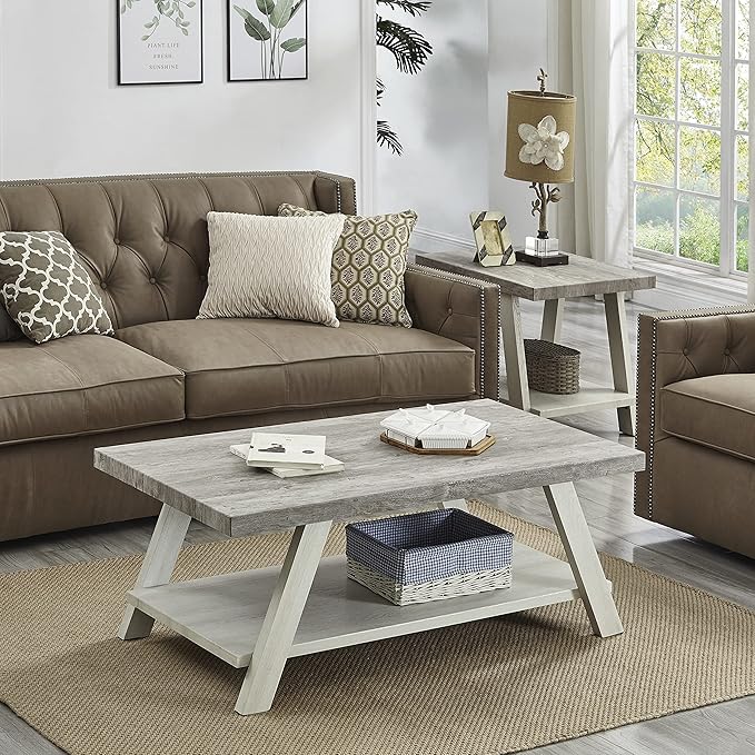 Roundhill Furniture Athens Contemporary 3-Piece Wood Shelf Coffee Table Set, Weathered Gray and Beige