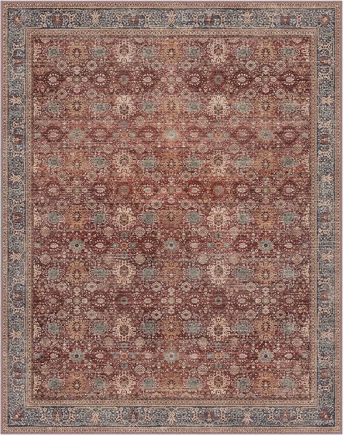 10X14 Area Rugs Machine Washable Rugs for Living Room, Vintage Boho Large Rugs for Bedroom Dining Room, Non Slip Indoor Soft Distressed Lightweight Thin Low Pile Carpet, Red Brown