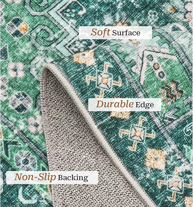 zesthome 5x7 Area Rugs - Ultra-Thin Washble Rug, Stain Resistant Anti Slip Backing Rugs for Living Room,Bedroom, Vintage Home Decor Area Rug(Green/Teal,5'x7')