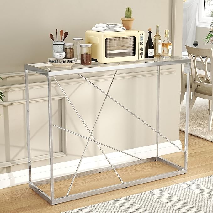 OIOG Glass Console Table for Entryway, Modern Sofa Table with Temperes Glass Tabletop and Chrome Frame, Silver Entryway Table for Living Room, Hallway, Dining Room, Home Office