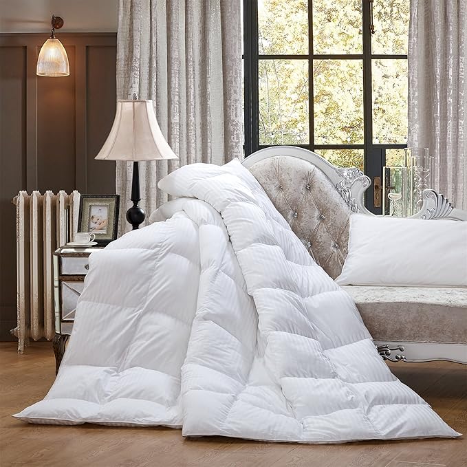 Luxurious All-Season Goose Down Feather Fiber Comforter Duvet Insert, Exquisite King White Stripe Design, Premium Baffle Box, 100% Cotton Down Proof Fabric, 65 oz. Fill Weight