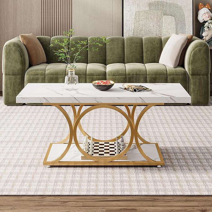 Tribesigns Rectangle Coffee Table, 46.45-inch Modern Coffee Tables for Living Room, 2-Tier Faux Marble Wood Coffee Table with Geometric Legs, Furniture with Storage Shelf (White & Gold)