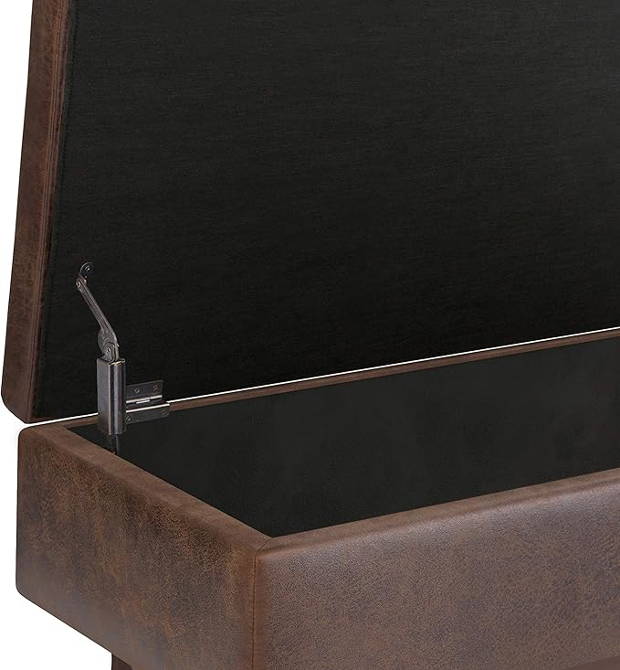SIMPLIHOME Owen 36 inch Wide Mid Century Modern Small Rectangular Storage Ottoman in Distressed Chestnut Brown Vegan Faux Leather, Assembled, For the Living Room, Entryway and Family Room
