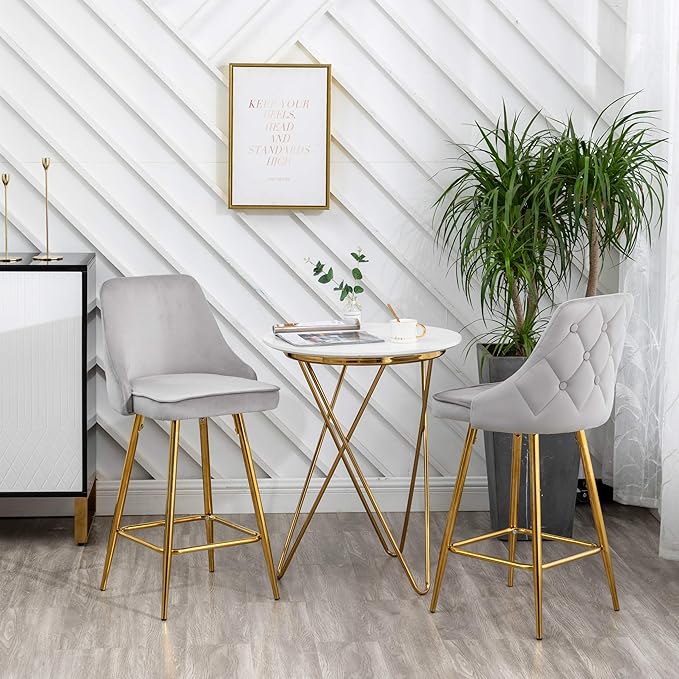 BTEXPERT Set of 2. Upholstered Dining Bar Chairs Footrest High Back Counter Height Barstools, Tufted Grey Velvet Gold Frame 25" Modern Kitchen Island Stool