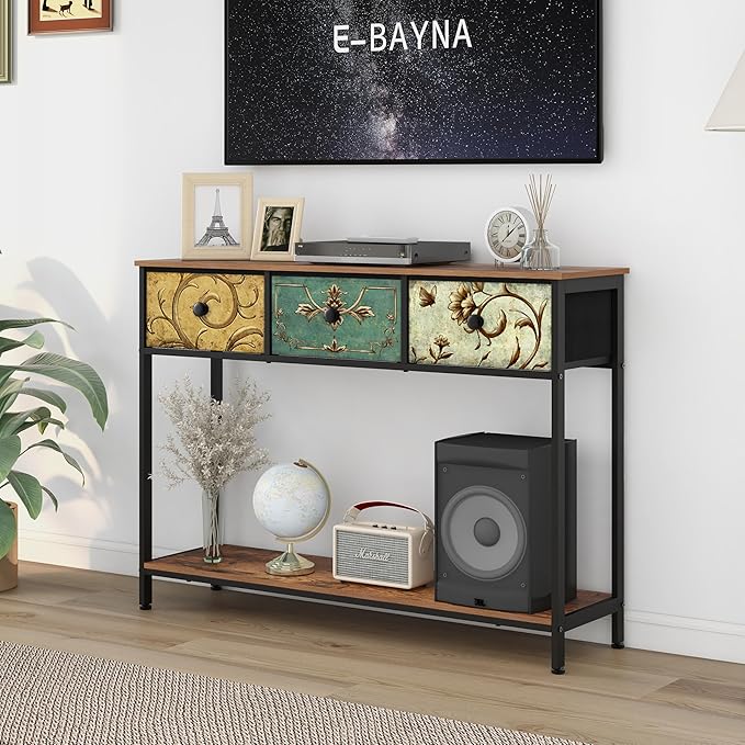 Tohomeor Entryway Console Table with 3 Retro Flowers Fabric Drawers Boho Narrow Long Behind Couch Sofa Table with Bottom Open Storage Shelf for Hallway Living Room Foyer (Rustic Brown, 3 Drawers)