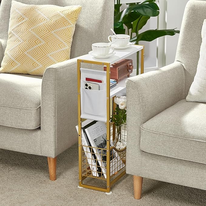 Narrow Side Table, Skinny Small End Tables with Magazine Holder, 3 Tier Small Sofa Side Table for Smalls Spaces, Sofa Couch Tables Bedside Table for Living Room Bedroom Office