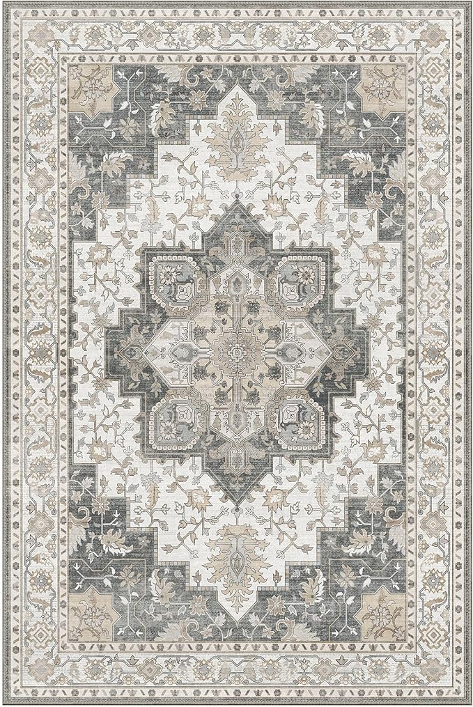 GENIMO 8x10 Area Rugs for Living Room, Machine Washable Non Slip Vintage Rugs, Low Pile Lightweight Chenille Print Rug for Bedroom, Dining Room, Home Office, Heathered Grey
