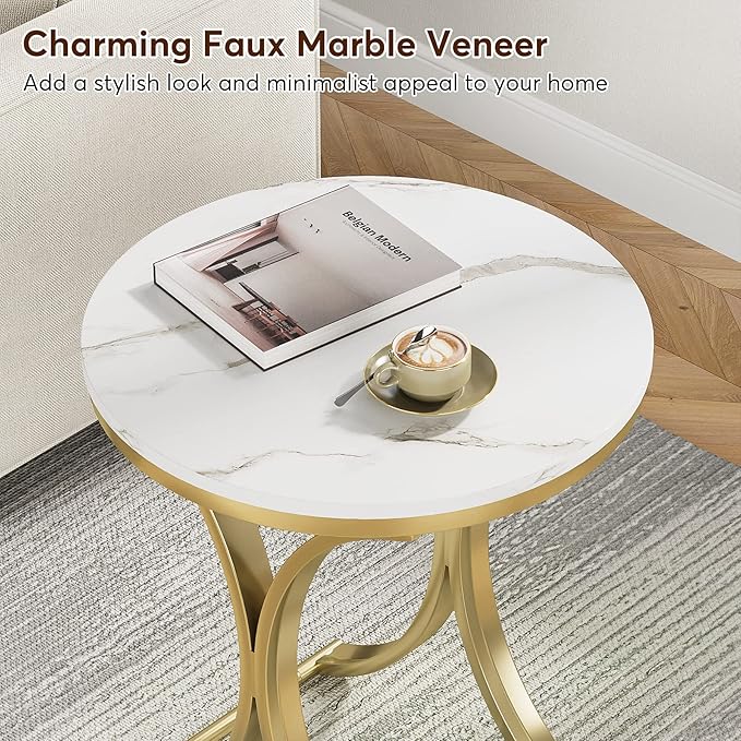 LITTLE TREE Side Table Round End Table Modern Small Accent Table Bedside Table Round Nightstand with Gold Metal Frame and Faux Marble Veneer Engineered Wood for Living Room, White Gold