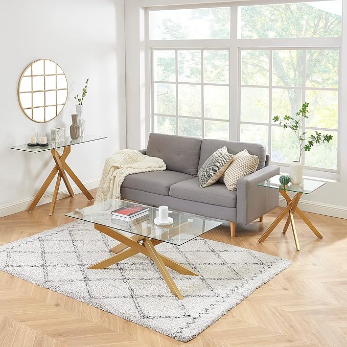 Modern Cross-Leg Console Table with 8mm Tempered Glass - Gold Geometric Entryway Table for Living Room & Bedroom, 45”Lx18”Wx30”H (Luxury Gold Finish)
