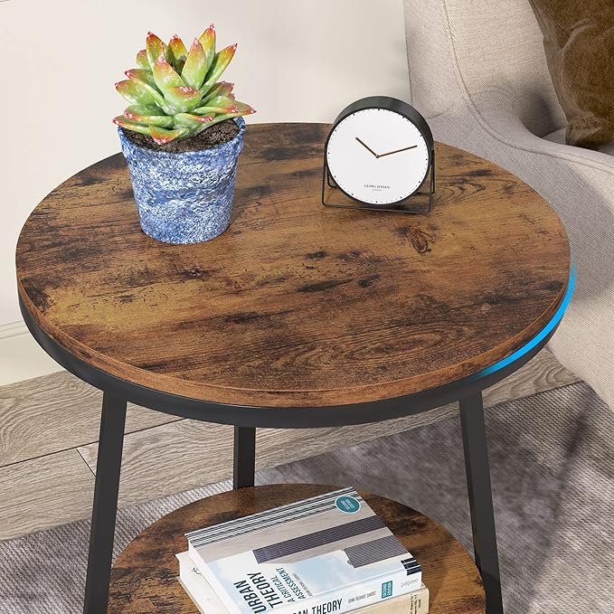 Tribesigns End Table, 2 Tier Round Side Table with Storage Shelf, Industrial Nightstand Bedside Table Coffee Accent Table for Living Room Bedroom Small Space, Rustic Brown