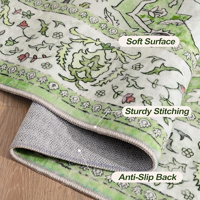 Tangsoo 5x7 Area Rug Washable Rug for Living Room, Vintage Indoor Non Slip Large Area Rugs, Print Distressed Green Carpet, Soft Low Pile Foldable Floor for Bedroom Dining Room Dorm
