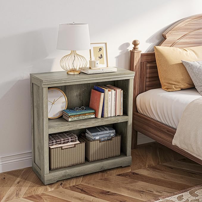 LINSY HOME 2-Tier Bookcase and Bookshelf, Small Wood Display Storage Shelves Farmhouse Bookshelf for Home Office, Living Room, Bed Room - Light Brown
