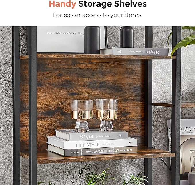 VASAGLE 5-Tier Bookcase with 14 Shelves, Book Shelf with Metal Frame, Bookshelf for Living Room, Home Office, Industrial Style, 9.4 x 62.2 x 65.4 Inches, Rustic Brown and Black ULLS107B01
