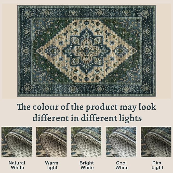 Tangsoo 4x6 Washable Rug Vintage Non Slip Indoor, Distressed Carpet for Living Room, Dining Room, Soft Low Pile Rugs Foldable for Bedroom Dorm Bedside Bathroom Green