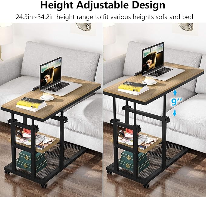 Tribesigns Height Adjustable C Table with Wheels, Mobile Couch Snack Side Table with Tiltable Drawing Board, Sofa Bedside Laptop Stand C Shaped TV Tray with Storage Shelves (Black+Oak)